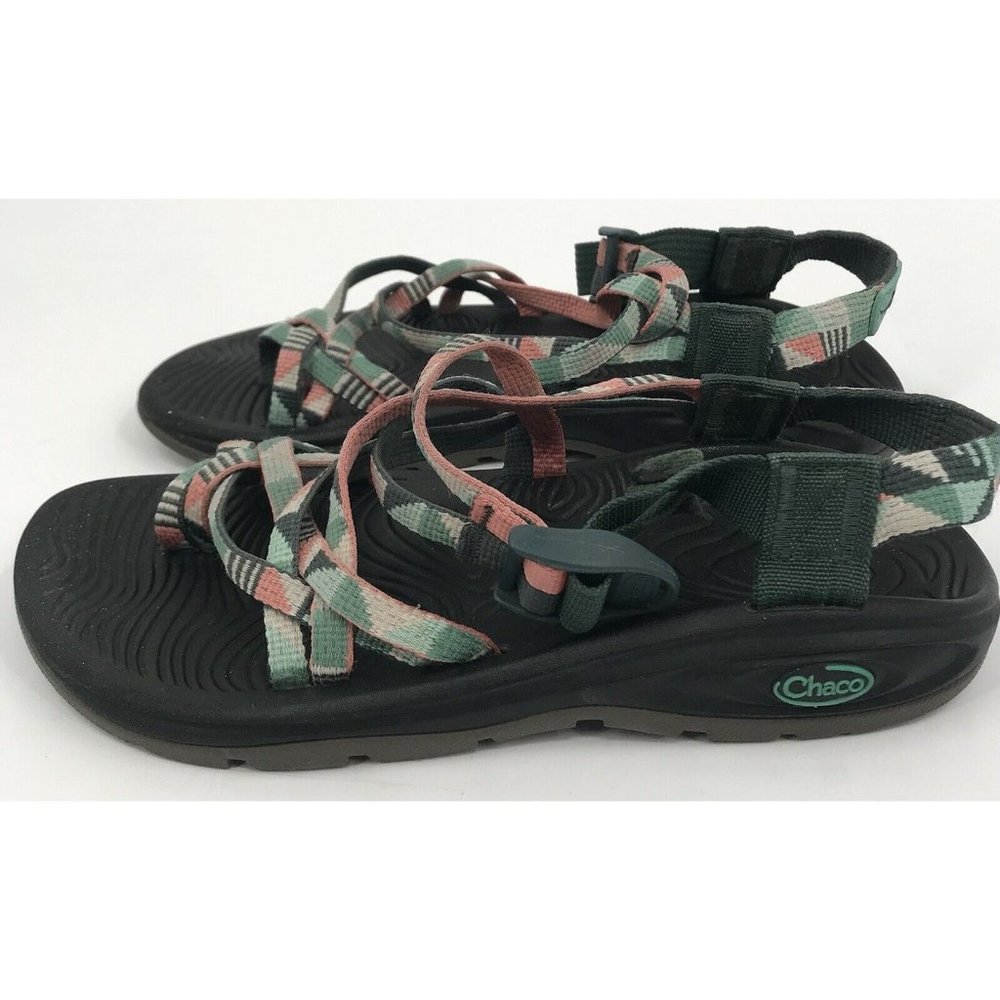 Chaco Sandals Womens 7 Strappy Hiking Green Pink southwestern Fabric Waterproof